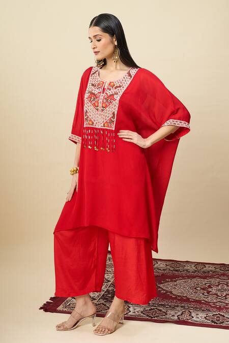 Shop_Alaya Advani_Red Satin, Georgette Embroidery, Beads Round Neck Yoke Kurta And Wide Leg Pant Set _Online_at_Aza_Fashions