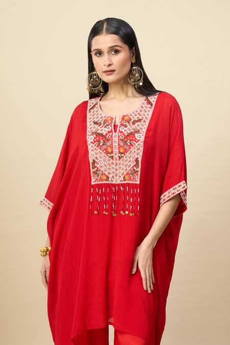 Alaya Advani_Red Satin, Georgette Embroidery, Beads Round Neck Yoke Kurta And Wide Leg Pant Set _at_Aza_Fashions