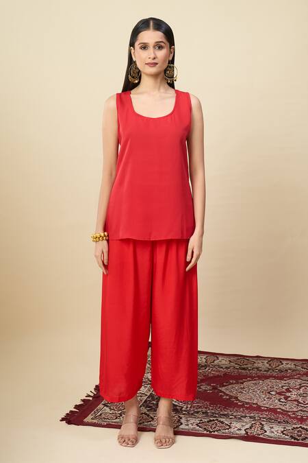 Shop_Alaya Advani_Red Satin, Georgette Embroidery, Beads Round Neck Yoke Kurta And Wide Leg Pant Set 