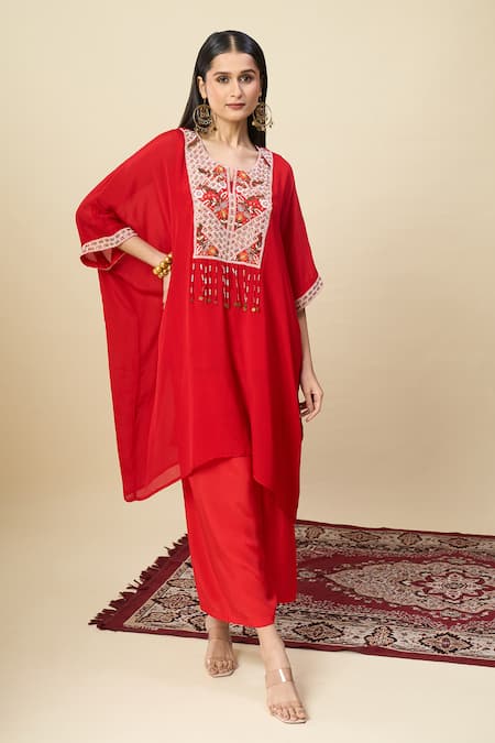 Alaya Advani Red Satin, Georgette Embroidery, Beads Round Neck Yoke Kurta And Wide Leg Pant Set 