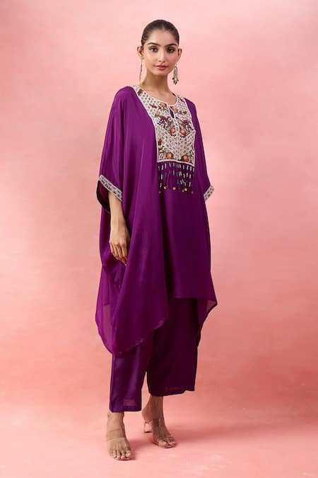 Alaya Advani_Purple Satin, Georgette Embroidery, Beads Round Yoke Kaftan And Wide Leg Pant Set _Online_at_Aza_Fashions