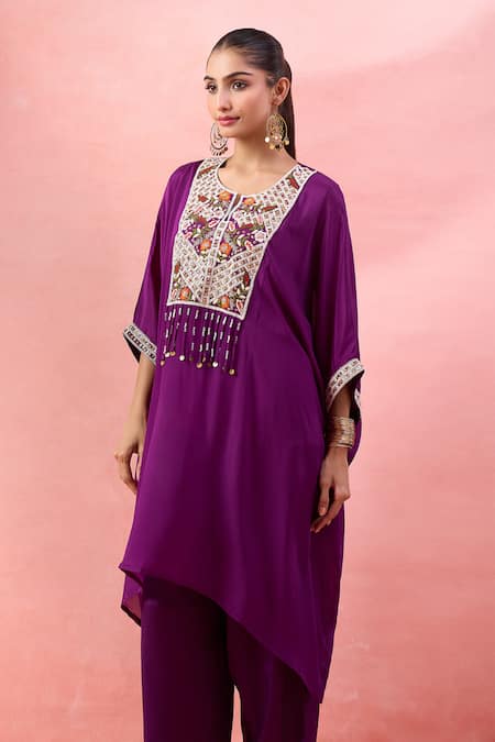 Buy_Alaya Advani_Purple Satin, Georgette Embroidery, Beads Round Yoke Kaftan And Wide Leg Pant Set _Online_at_Aza_Fashions