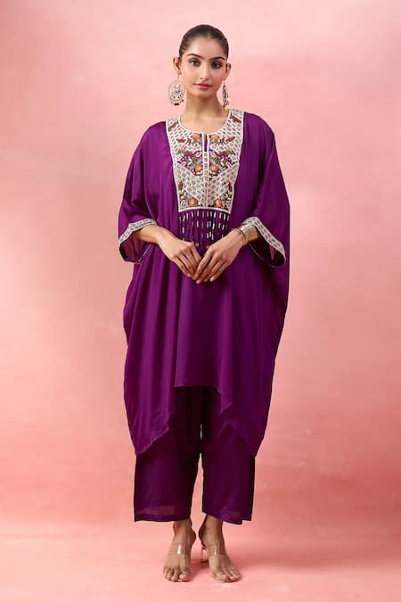 Shop_Alaya Advani_Purple Satin, Georgette Embroidery, Beads Round Yoke Kaftan And Wide Leg Pant Set _Online_at_Aza_Fashions