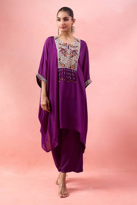 Alaya Advani_Purple Satin, Georgette Embroidery, Beads Round Yoke Kaftan And Wide Leg Pant Set _at_Aza_Fashions