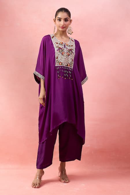 Alaya Advani Purple Satin, Georgette Embroidery, Beads Round Yoke Kaftan And Wide Leg Pant Set 