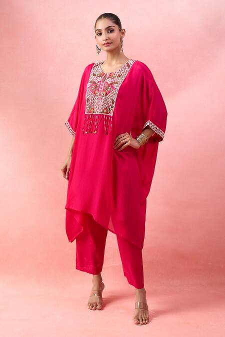 Buy_Alaya Advani_Pink Satin, Georgette Embroidery, Beads V-neck, Yoke Kaftan With Wide Leg Pant _Online_at_Aza_Fashions