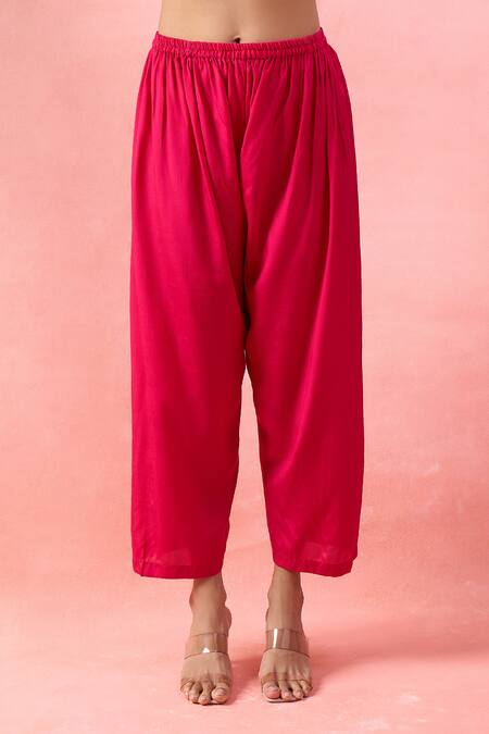 Shop_Alaya Advani_Pink Satin, Georgette Embroidery, Beads V-neck, Yoke Kaftan With Wide Leg Pant _Online_at_Aza_Fashions