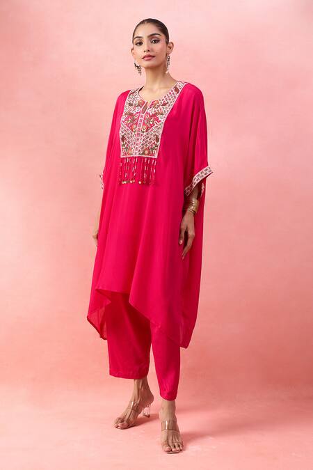 Alaya Advani_Pink Satin, Georgette Embroidery, Beads V-neck, Yoke Kaftan With Wide Leg Pant _at_Aza_Fashions