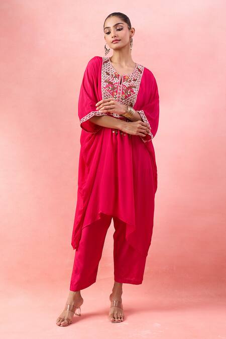 Buy_Alaya Advani_Pink Satin, Georgette Embroidery, Beads V-neck, Yoke Kaftan With Wide Leg Pant 