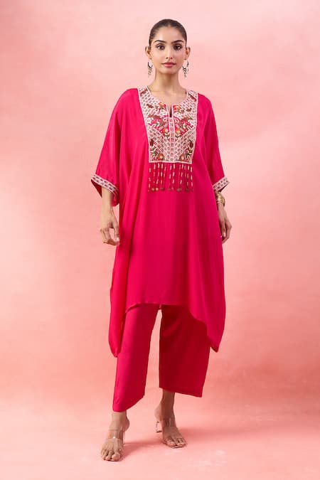 Alaya Advani Pink Satin, Georgette Embroidery, Beads V-neck, Yoke Kaftan With Wide Leg Pant 
