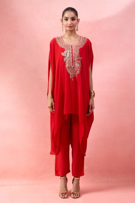Shop_Alaya Advani_Red Crepe Embroidery Round Neck Yoke Cape Kurta And Pant Set _Online_at_Aza_Fashions