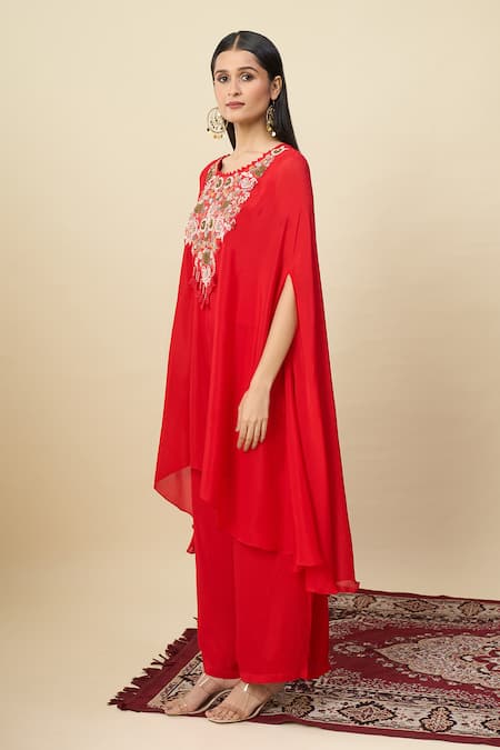 Alaya Advani_Red Georgette Embroidery, Beads Round Neck Yoke Cape Kurta And Pant Set _Online_at_Aza_Fashions