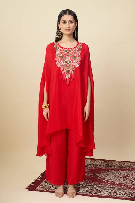 Buy_Alaya Advani_Red Georgette Embroidery, Beads Round Neck Yoke Cape Kurta And Pant Set _Online_at_Aza_Fashions