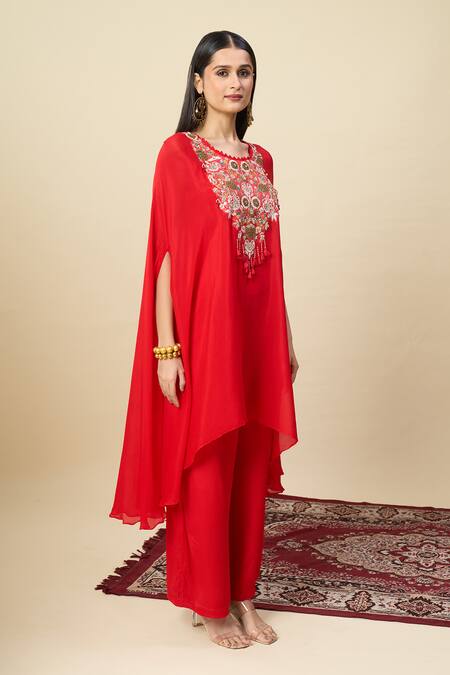 Shop_Alaya Advani_Red Georgette Embroidery, Beads Round Neck Yoke Cape Kurta And Pant Set _Online_at_Aza_Fashions