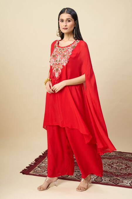Alaya Advani_Red Georgette Embroidery, Beads Round Neck Yoke Cape Kurta And Pant Set _at_Aza_Fashions