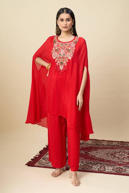 Shop_Alaya Advani_Red Georgette Embroidery, Beads Round Neck Yoke Cape Kurta And Pant Set 