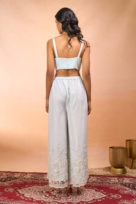 Alaya Advani_Blue Satin, Net Embroidery, Sequins Sweetheart Neck, Hand Jacket Palazzo Set _Online_at_Aza_Fashions