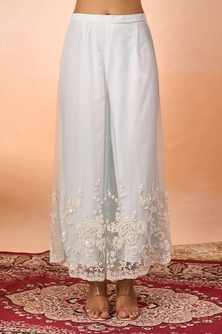 Buy_Alaya Advani_Blue Satin, Net Embroidery, Sequins Sweetheart Neck, Hand Jacket Palazzo Set _Online_at_Aza_Fashions