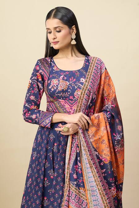 Buy_Alaya Advani_Blue Silk , Embroidery Floral Print Anarkali With Color Block Dupatta _Online_at_Aza_Fashions