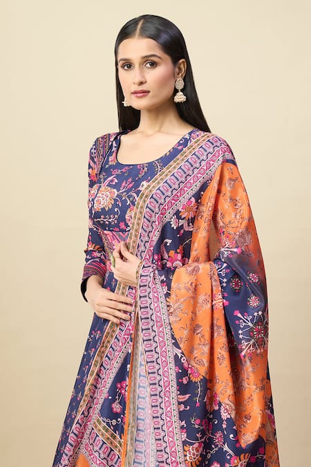 Shop_Alaya Advani_Blue Silk , Embroidery Floral Print Anarkali With Color Block Dupatta _Online_at_Aza_Fashions