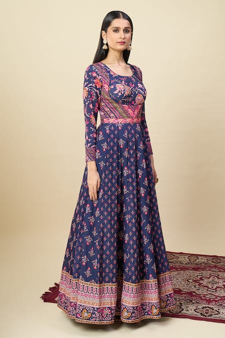 Alaya Advani_Blue Silk , Embroidery Floral Print Anarkali With Color Block Dupatta _at_Aza_Fashions