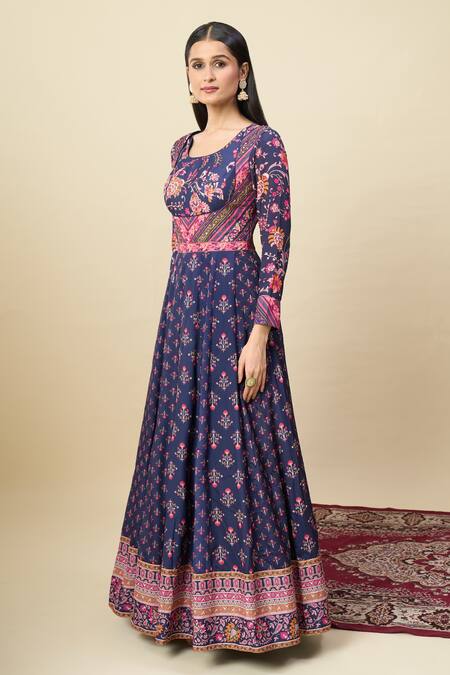 Buy_Alaya Advani_Blue Silk , Embroidery Floral Print Anarkali With Color Block Dupatta 