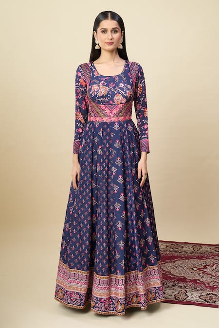 Shop_Alaya Advani_Blue Silk , Embroidery Floral Print Anarkali With Color Block Dupatta 