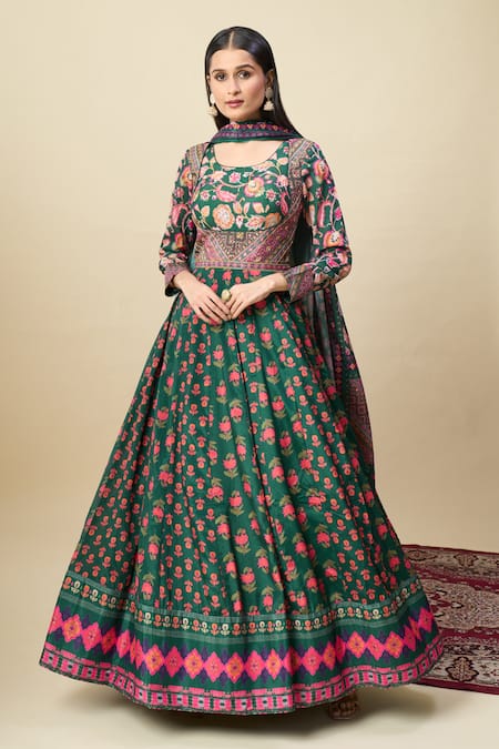 Alaya Advani Green Silk Satin Embroidery Round Neck Floral Print Anarkali With Dupatta 