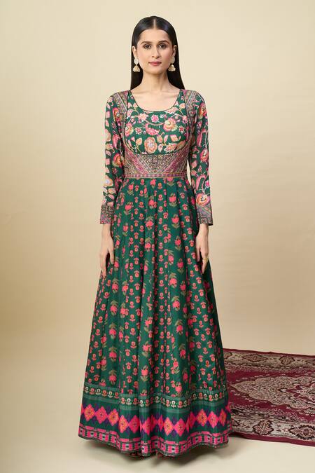 Shop_Alaya Advani_Green Silk Satin Embroidery Round Neck Floral Print Anarkali With Dupatta _Online_at_Aza_Fashions