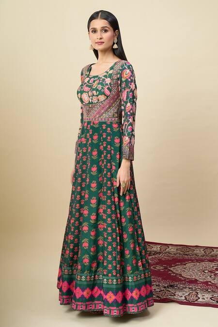 Shop_Alaya Advani_Green Silk Satin Embroidery Round Neck Floral Print Anarkali With Dupatta 