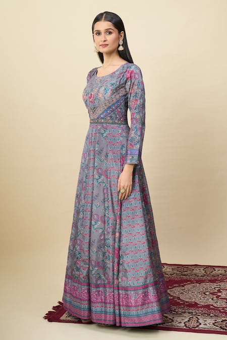 Alaya Advani_Gray Silk Satin Embroidery Round Floral Print Anarkali With Matching Dupatta _Online_at_Aza_Fashions