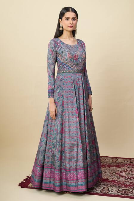 Buy_Alaya Advani_Gray Silk Satin Embroidery Round Floral Print Anarkali With Matching Dupatta _Online_at_Aza_Fashions