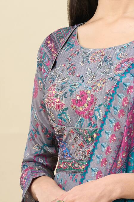 Alaya Advani_Gray Silk Satin Embroidery Round Floral Print Anarkali With Matching Dupatta _at_Aza_Fashions