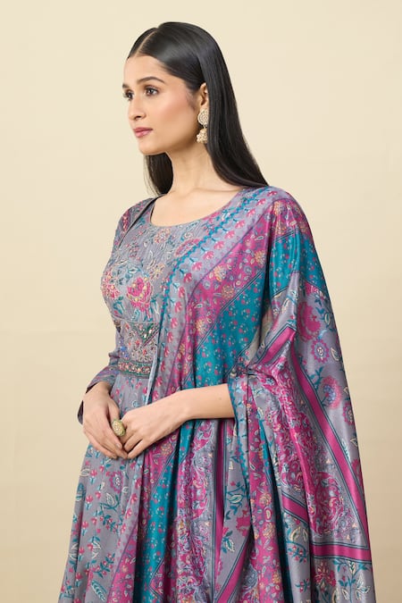 Buy_Alaya Advani_Gray Silk Satin Embroidery Round Floral Print Anarkali With Matching Dupatta 