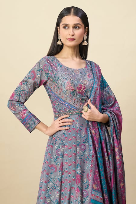 Shop_Alaya Advani_Gray Silk Satin Embroidery Round Floral Print Anarkali With Matching Dupatta 