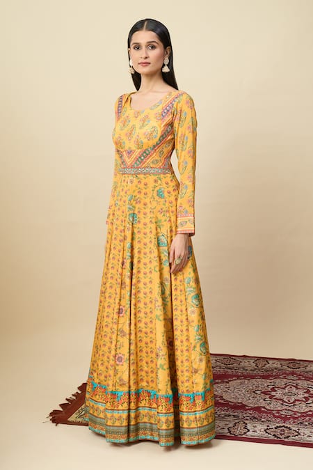 Alaya Advani Yellow Silk Satin Embroidery Round Neck Floral Print Anarkali And Dupatta Set Online at Aza Fashions Alaya Advani_Yellow Silk Satin Embroidery Round Neck Floral Print Anarkali And Dupatta Set _Online_at_Aza_Fashions