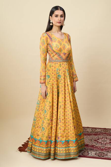 Buy Alaya Advani Yellow Silk Satin Embroidery Round Neck Floral Print Anarkali And Dupatta Set Online at Aza Fashions Buy_Alaya Advani_Yellow Silk Satin Embroidery Round Neck Floral Print Anarkali And Dupatta Set _Online_at_Aza_Fashions