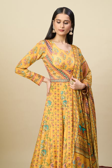 Shop Alaya Advani Yellow Silk Satin Embroidery Round Neck Floral Print Anarkali And Dupatta Set Online at Aza Fashions Shop_Alaya Advani_Yellow Silk Satin Embroidery Round Neck Floral Print Anarkali And Dupatta Set _Online_at_Aza_Fashions