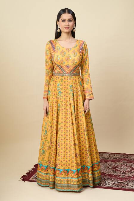 Alaya Advani Yellow Silk Satin Embroidery Round Neck Floral Print Anarkali And Dupatta Set at Aza Fashions Alaya Advani_Yellow Silk Satin Embroidery Round Neck Floral Print Anarkali And Dupatta Set _at_Aza_Fashions