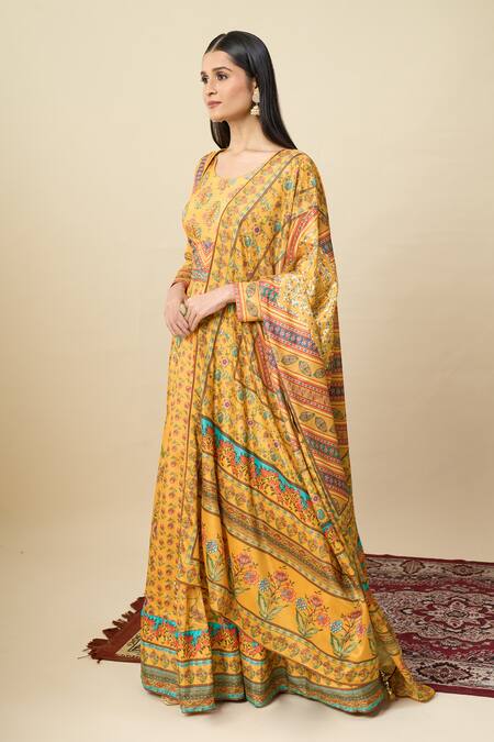 Shop Alaya Advani Yellow Silk Satin Embroidery Round Neck Floral Print Anarkali And Dupatta Set Shop_Alaya Advani_Yellow Silk Satin Embroidery Round Neck Floral Print Anarkali And Dupatta Set