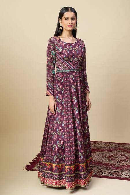 Alaya Advani_Purple Silk Satin Embroidery Round Neck Floral Print Anarkali With Dupatta _Online_at_Aza_Fashions