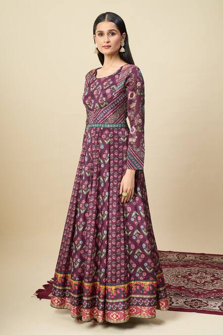 Buy_Alaya Advani_Purple Silk Satin Embroidery Round Neck Floral Print Anarkali With Dupatta _Online_at_Aza_Fashions