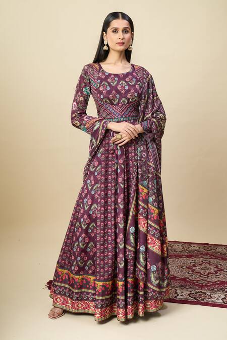 Shop_Alaya Advani_Purple Silk Satin Embroidery Round Neck Floral Print Anarkali With Dupatta _Online_at_Aza_Fashions