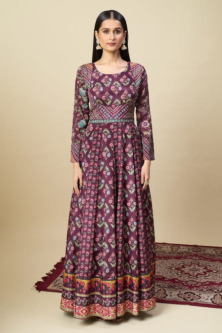Alaya Advani_Purple Silk Satin Embroidery Round Neck Floral Print Anarkali With Dupatta _at_Aza_Fashions