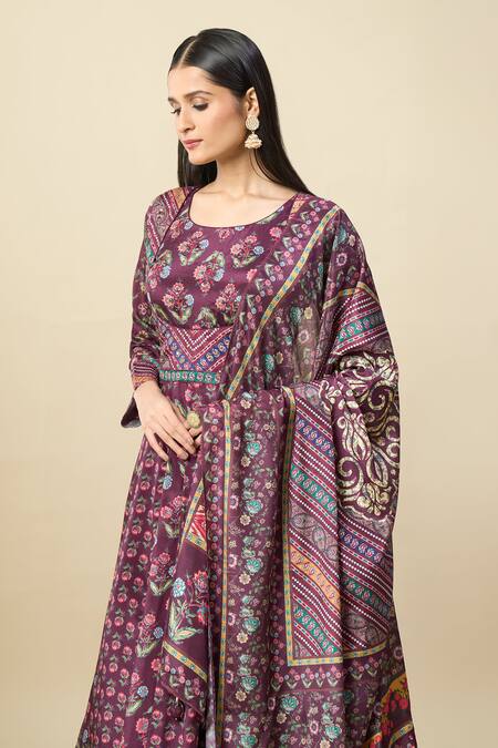 Shop_Alaya Advani_Purple Silk Satin Embroidery Round Neck Floral Print Anarkali With Dupatta 