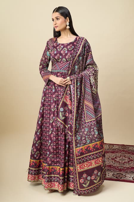 Alaya Advani Purple Silk Satin Embroidery Round Neck Floral Print Anarkali With Dupatta 