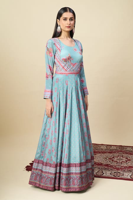 Buy_Alaya Advani_Blue Silk Satin Embroidery, Tassels Round Printed Anarkali With Paisley Dupatta _Online_at_Aza_Fashions