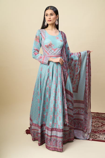 Shop_Alaya Advani_Blue Silk Satin Embroidery, Tassels Round Printed Anarkali With Paisley Dupatta _Online_at_Aza_Fashions