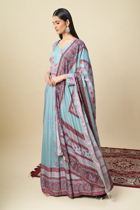 Alaya Advani_Blue Silk Satin Embroidery, Tassels Round Printed Anarkali With Paisley Dupatta _at_Aza_Fashions