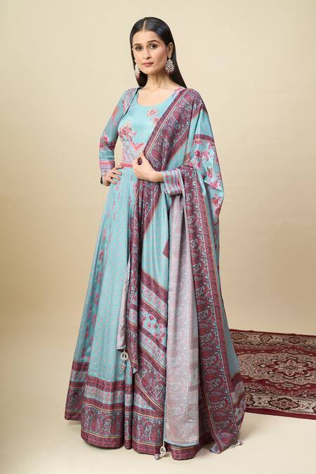 Buy_Alaya Advani_Blue Silk Satin Embroidery, Tassels Round Printed Anarkali With Paisley Dupatta 